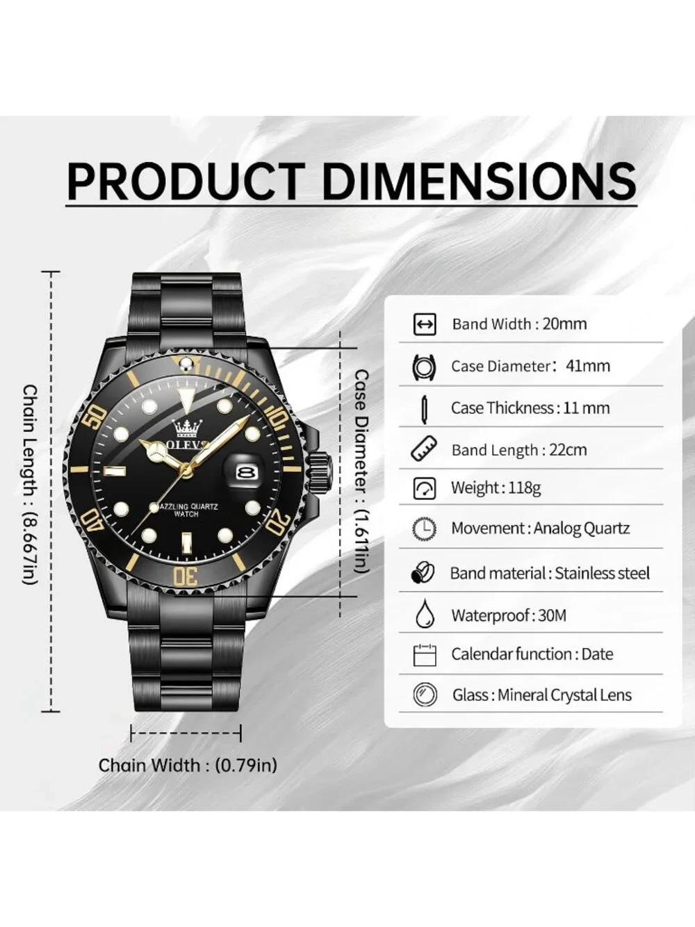 Men's Black Luxury Stainless Steel Waterproof Quartz Big Face Fashion Wristwatch